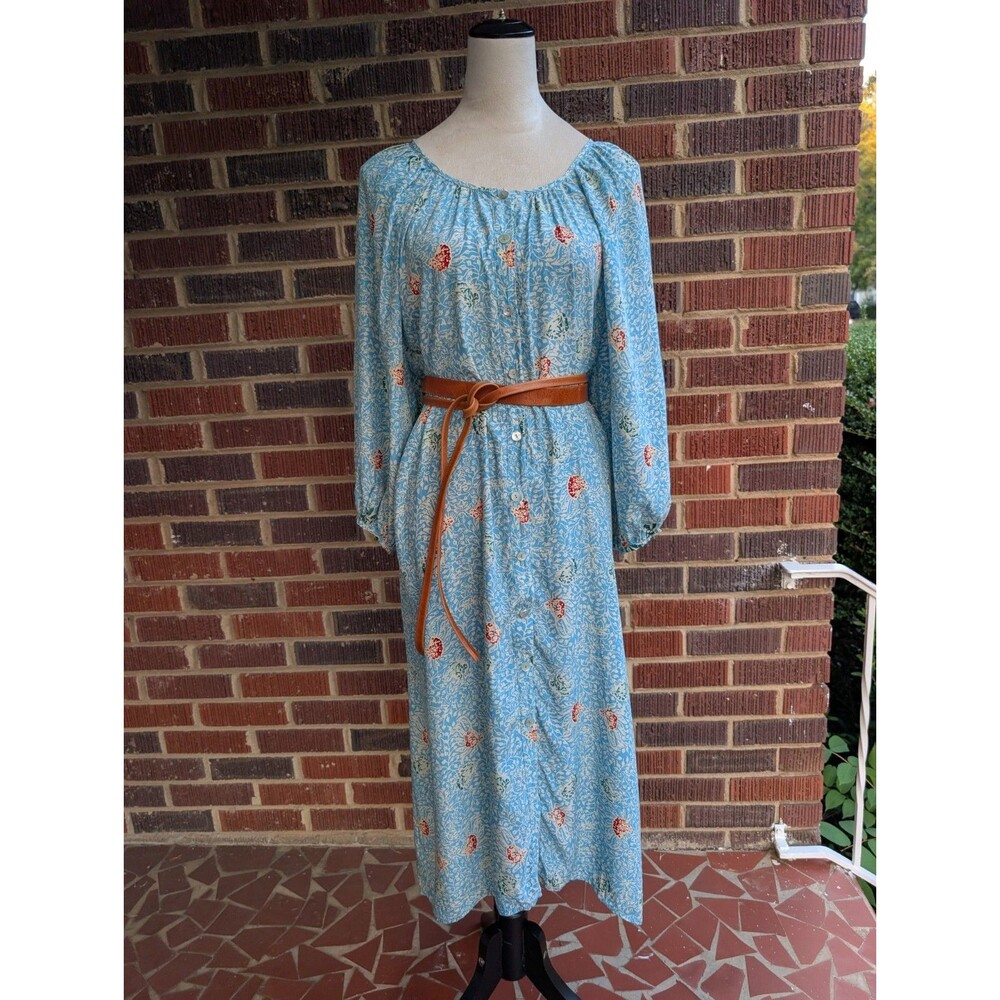 Natalie Martin -Silk 'Fiore' Turquoise Floral Print Bishop Sleeve Maxi Dress- S